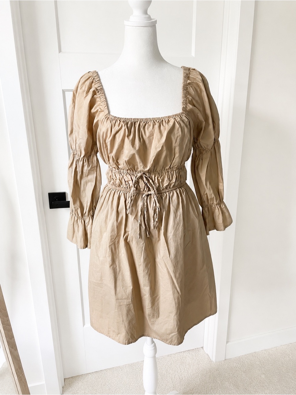 Greylin Tan Cotton Poplin Puff Sleeve Mini Dress Size Small